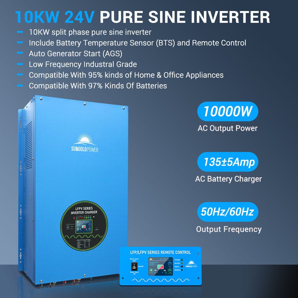 10000W 24V Split Phase Pure Sine Wave Inverter Charger SunGoldPower 240V / 120V/240V power inverter with solar controller