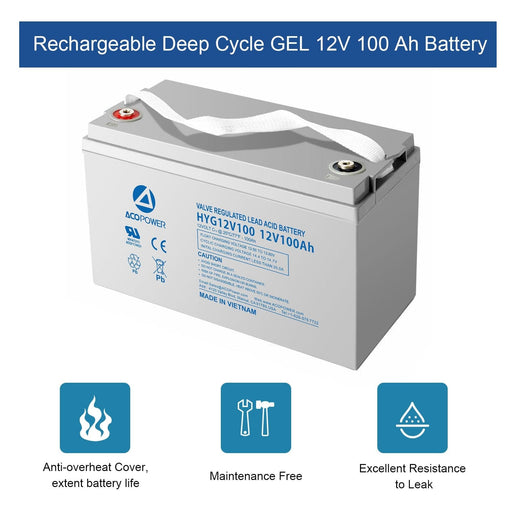 12-100Ah Rechargeable Gel Deep Cycle 12V 100 Ah Battery with Button Style Terminals AcoPower Batteries