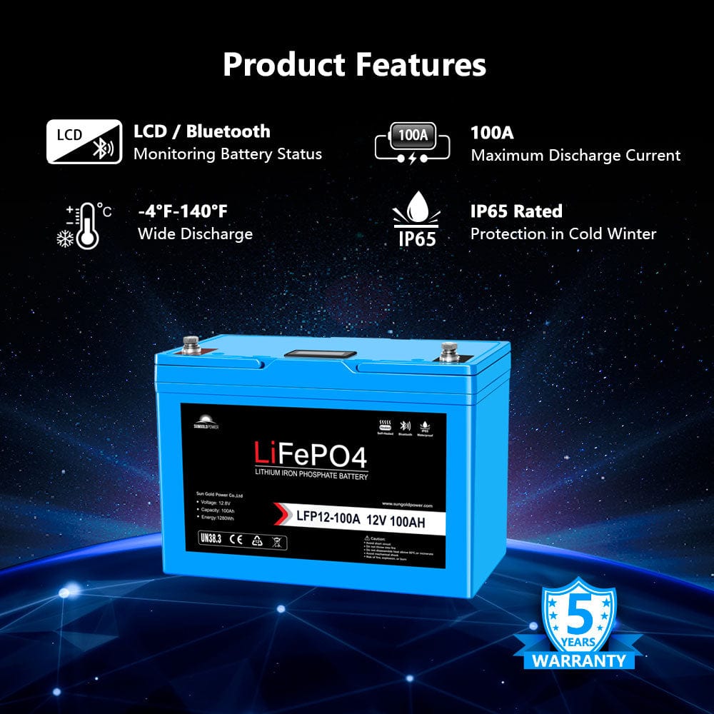 12V 100AH LiFePO4 Deep Cycle Lithium Battery / Bluetooth /Self-heating / IP65 SunGoldPower Battery