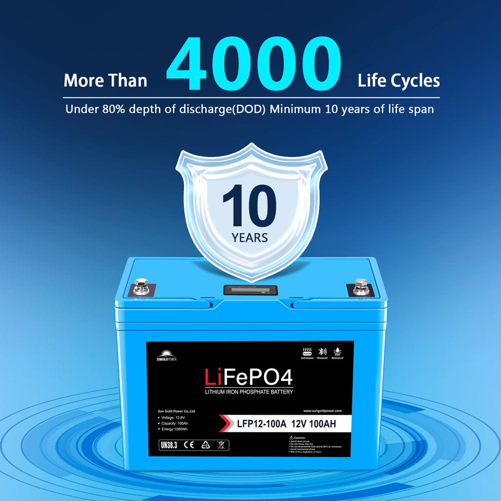 12V 100AH LiFePO4 Deep Cycle Lithium Battery / Bluetooth /Self-heating / IP65 SunGoldPower Battery