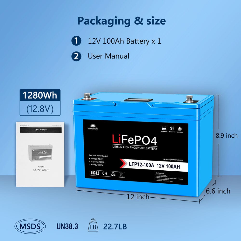 12V 100AH LiFePO4 Deep Cycle Lithium Battery / Bluetooth /Self-heating / IP65 SunGoldPower Battery