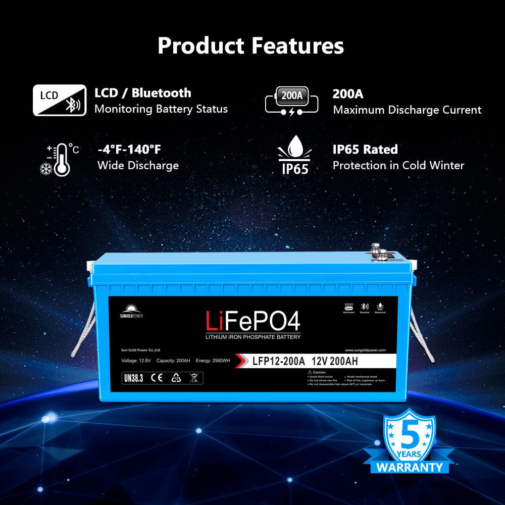 12V 200Ah LiFePo4 Deep Cycle Lithium Battery Bluetooth / Self-Heating / IP65 SunGoldPower Battery