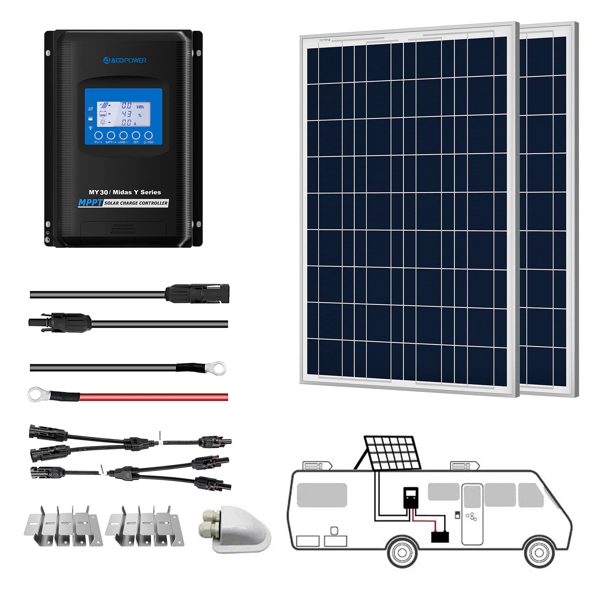 12V  Polycrystalline Solar RV Kits + MPPT / PWM Charge Controller AcoPower 200W MPPT30A Roof Solar Kits