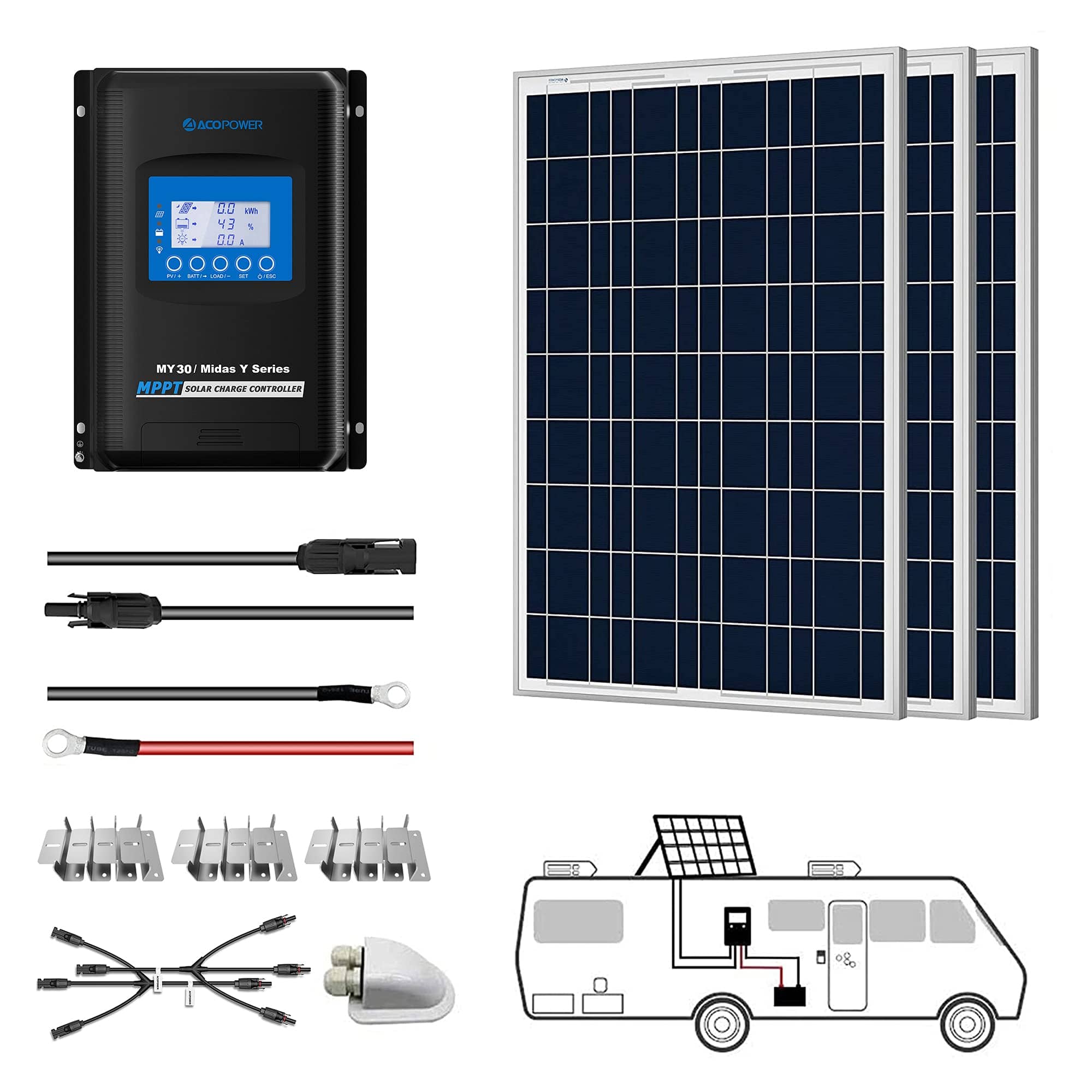 12V  Polycrystalline Solar RV Kits + MPPT / PWM Charge Controller AcoPower 300W MPPT30A Roof Solar Kits