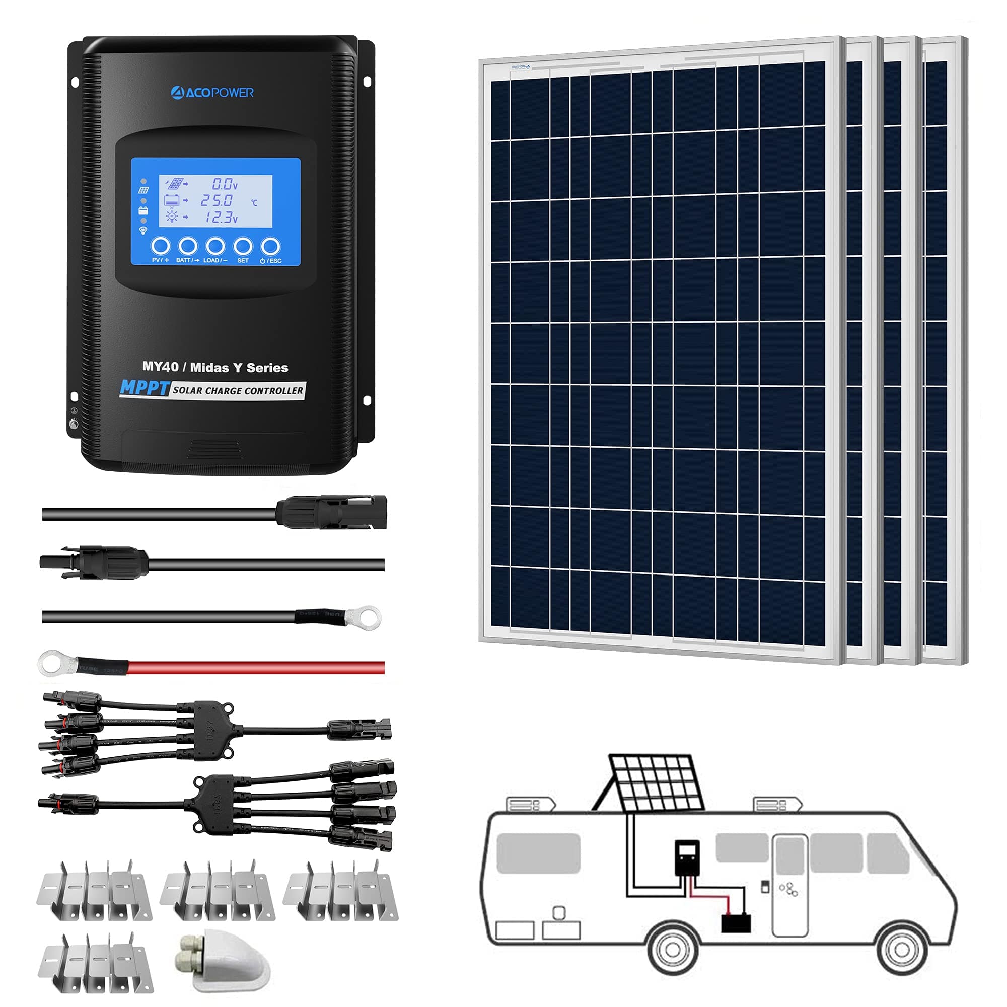 12V  Polycrystalline Solar RV Kits + MPPT / PWM Charge Controller AcoPower 400W MPPT40A Roof Solar Kits