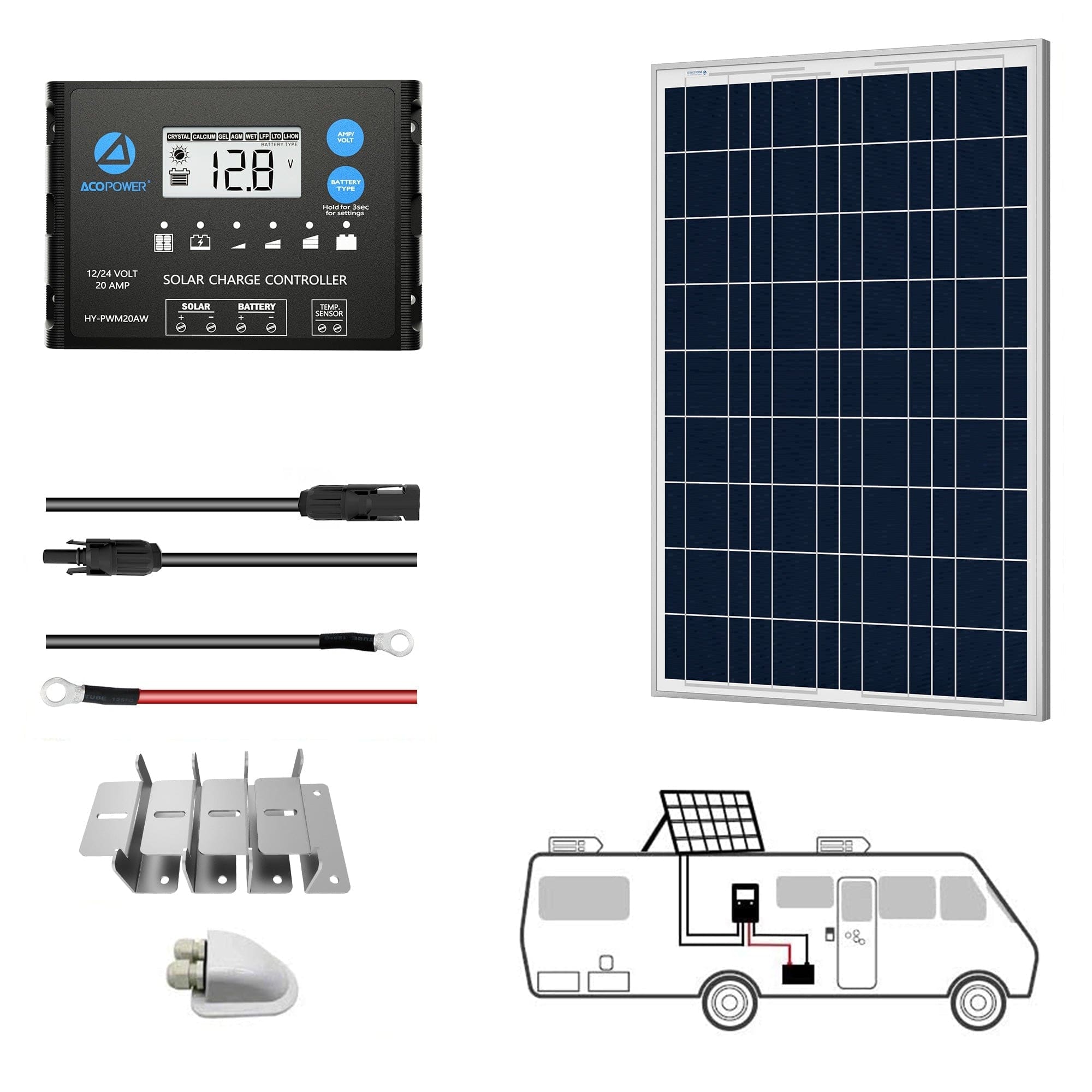 12V  Polycrystalline Solar RV Kits + MPPT / PWM Charge Controller AcoPower Roof Solar Kits