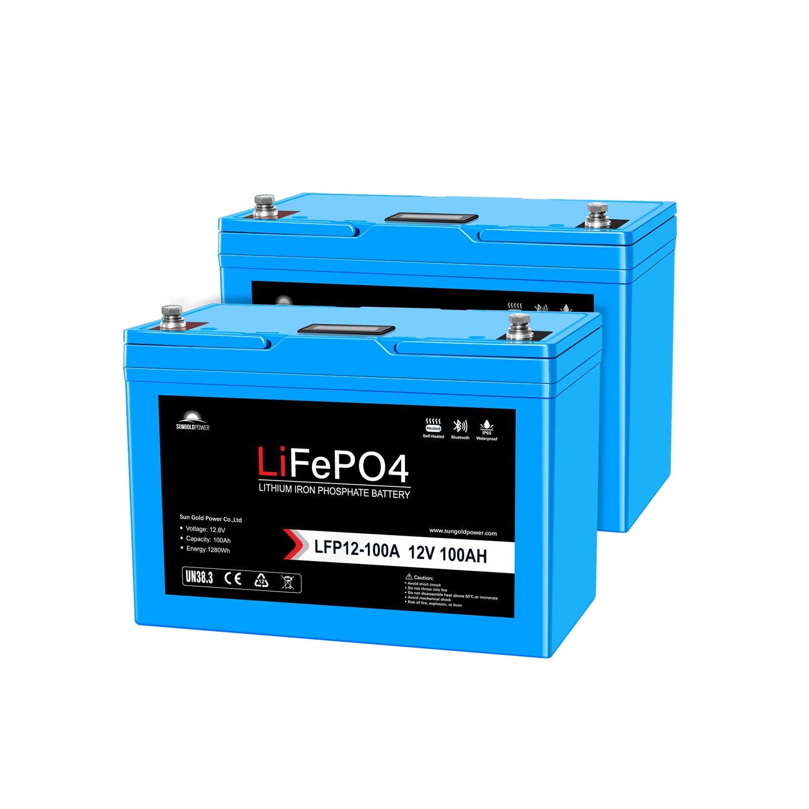 2 X 12V 100AH LiFePO4 Deep Cycle Lithium Battery / Bluetooth /Self-heating / IP65 SunGoldPower Battery