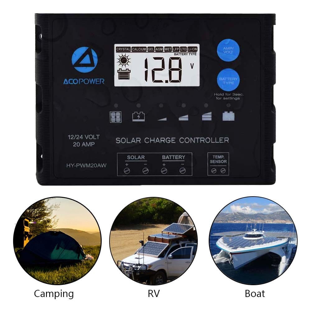 20A ProteusX Waterproof PWM Solar Charge Controller Compatible With 8 Battery Types AcoPower Controllers