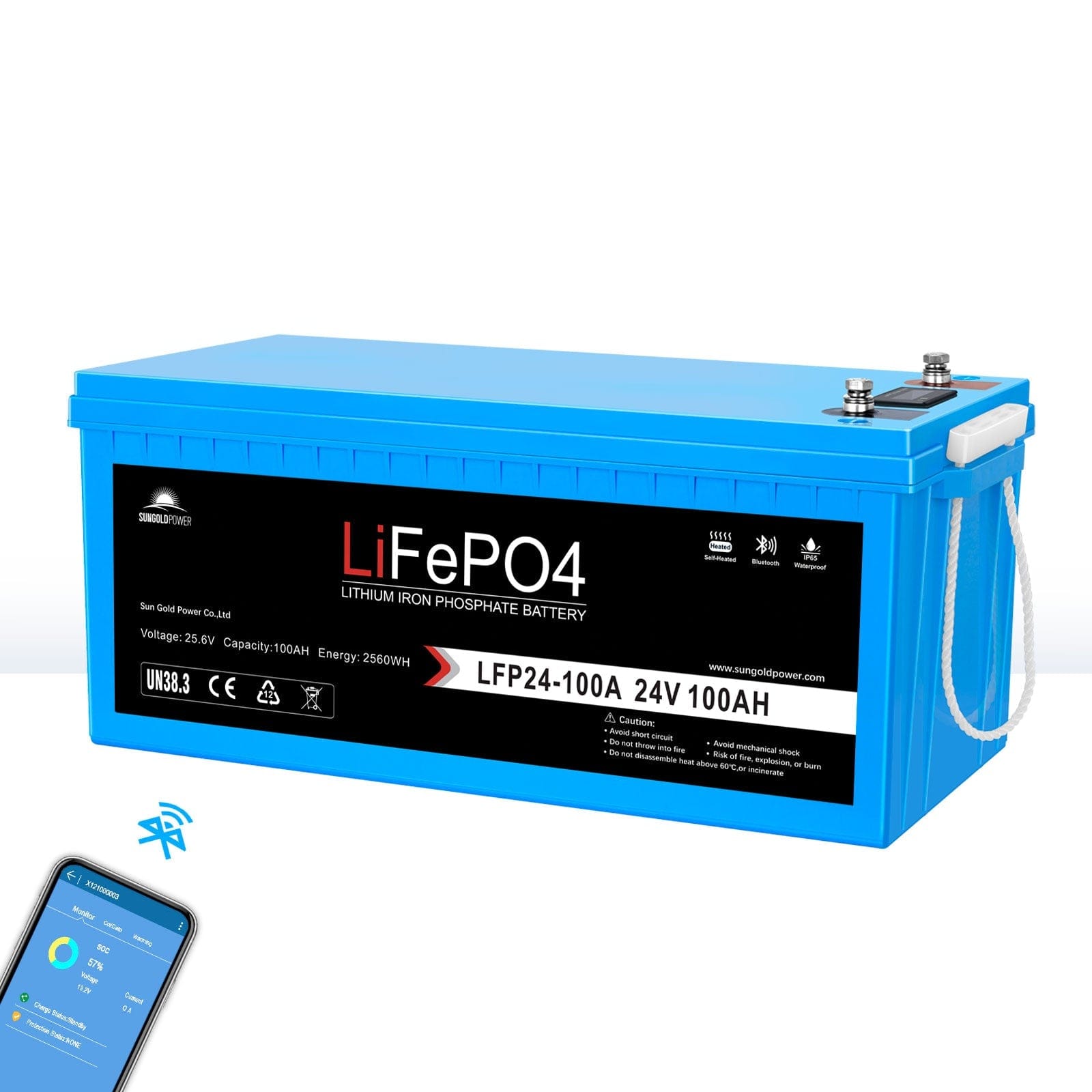 24V 100Ah LiFePo4 Deep Cycle Lithium Battery Bluetooth / Self-Heating / IP65 SunGoldPower Battery