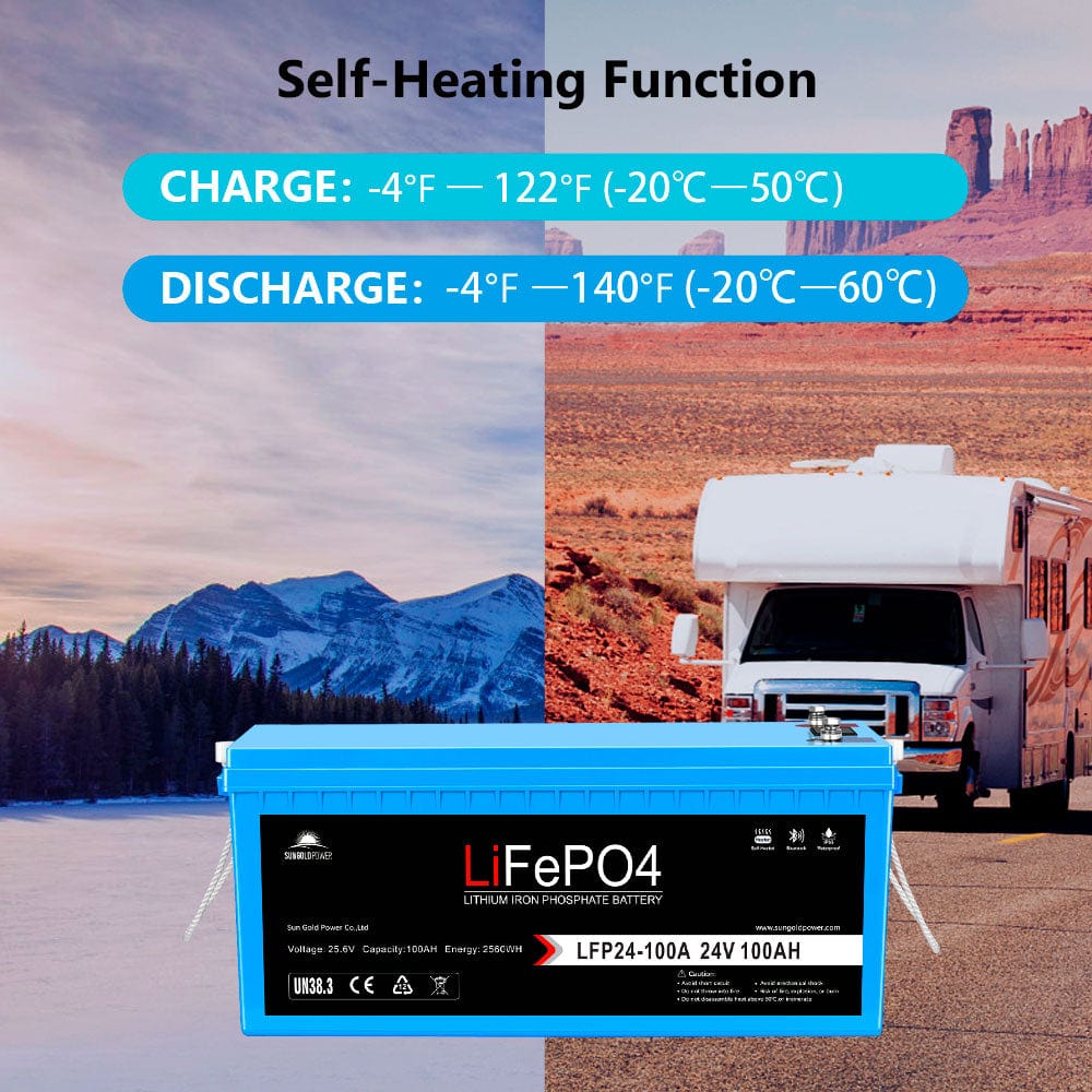 4 X 24V 100Ah LiFePo4 Deep Cycle Lithium Battery Bluetooth / Self-Heating / IP65 SunGoldPower Battery