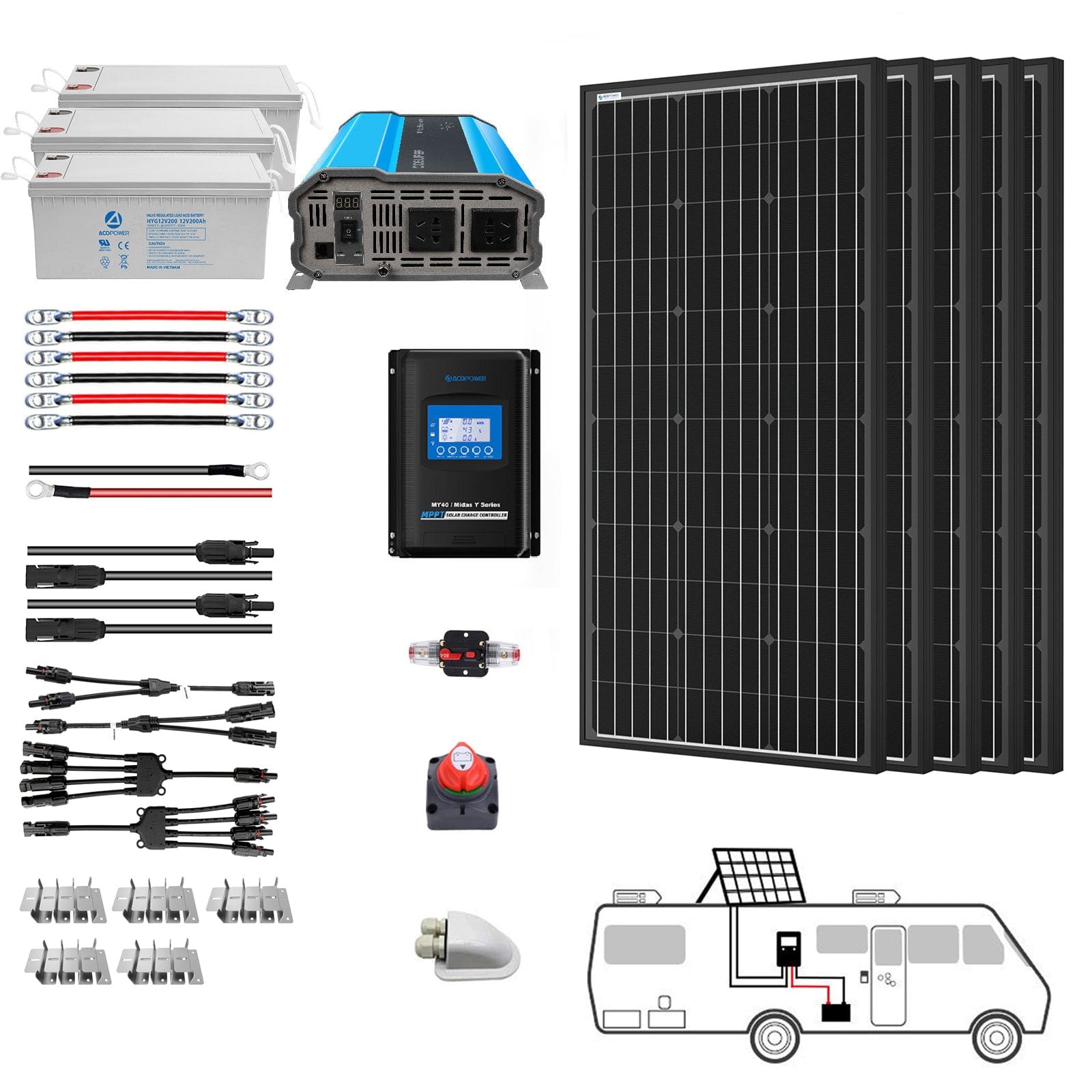 500W Mono RV Solar System AcoPower Solar Battery System