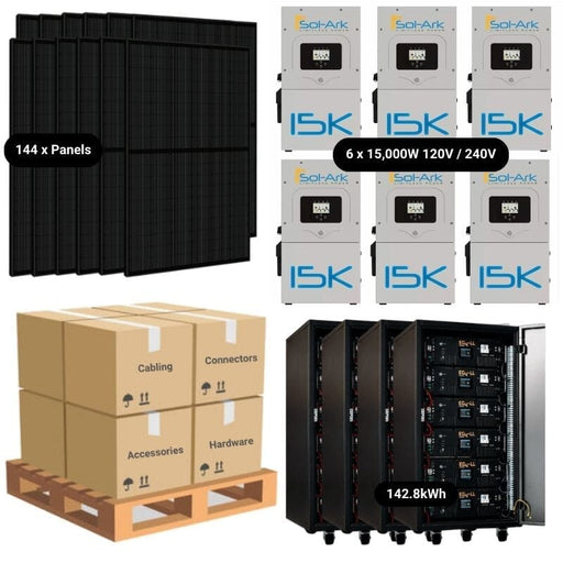 56.8kW Solar Power System  - 6 x Sol-Ark 15K's + [142.8kWh Lithium Battery Bank] 144 x 395W Solar Panels | Complete Solar Power System [MAX] ISK 28 x EG4-LL [142.8KWH] Solar Kit