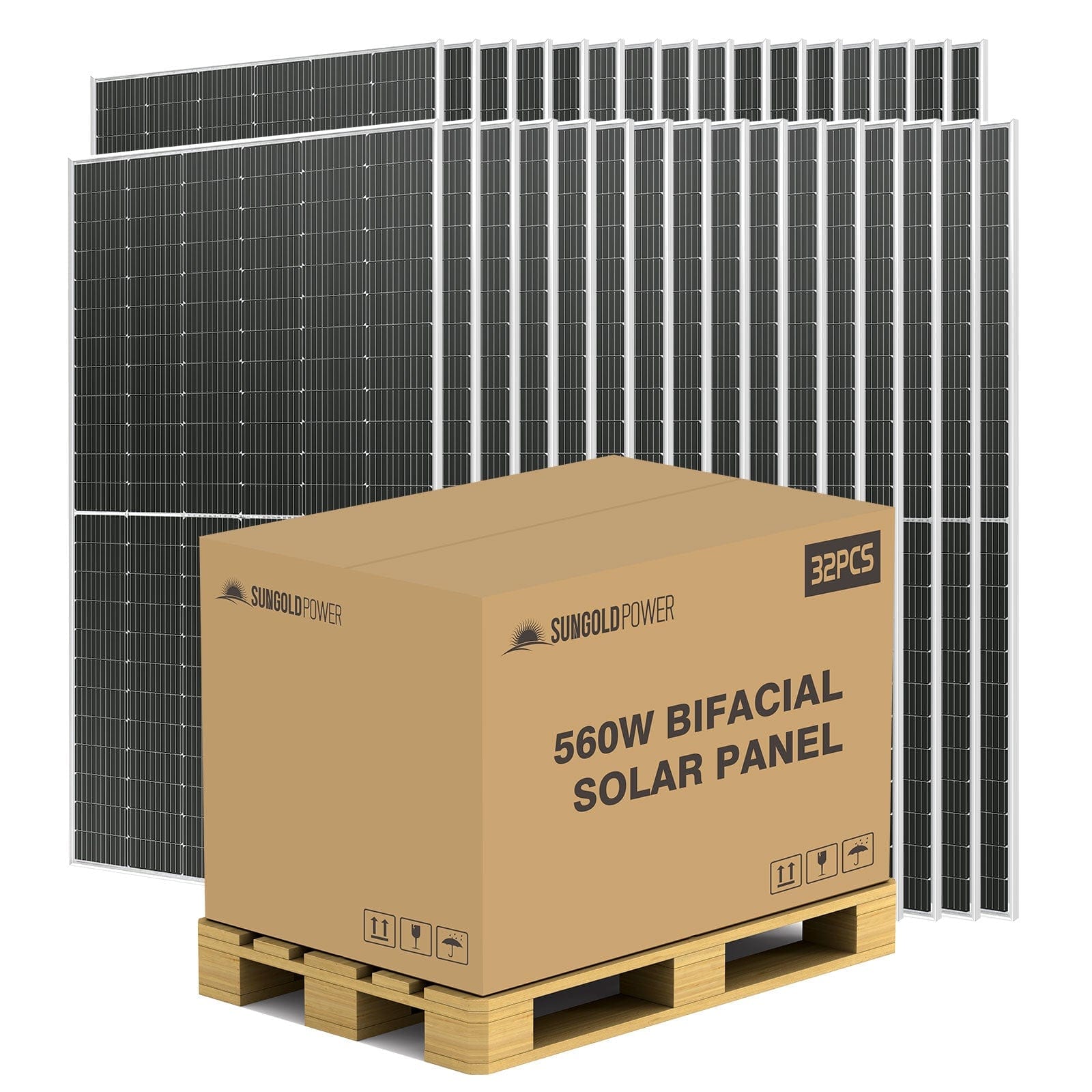 560 WATT BIFACIAL PERC SOLAR PANEL FULL PALLET (32 PANELS) SunGoldPower Bifacial Solar Panel