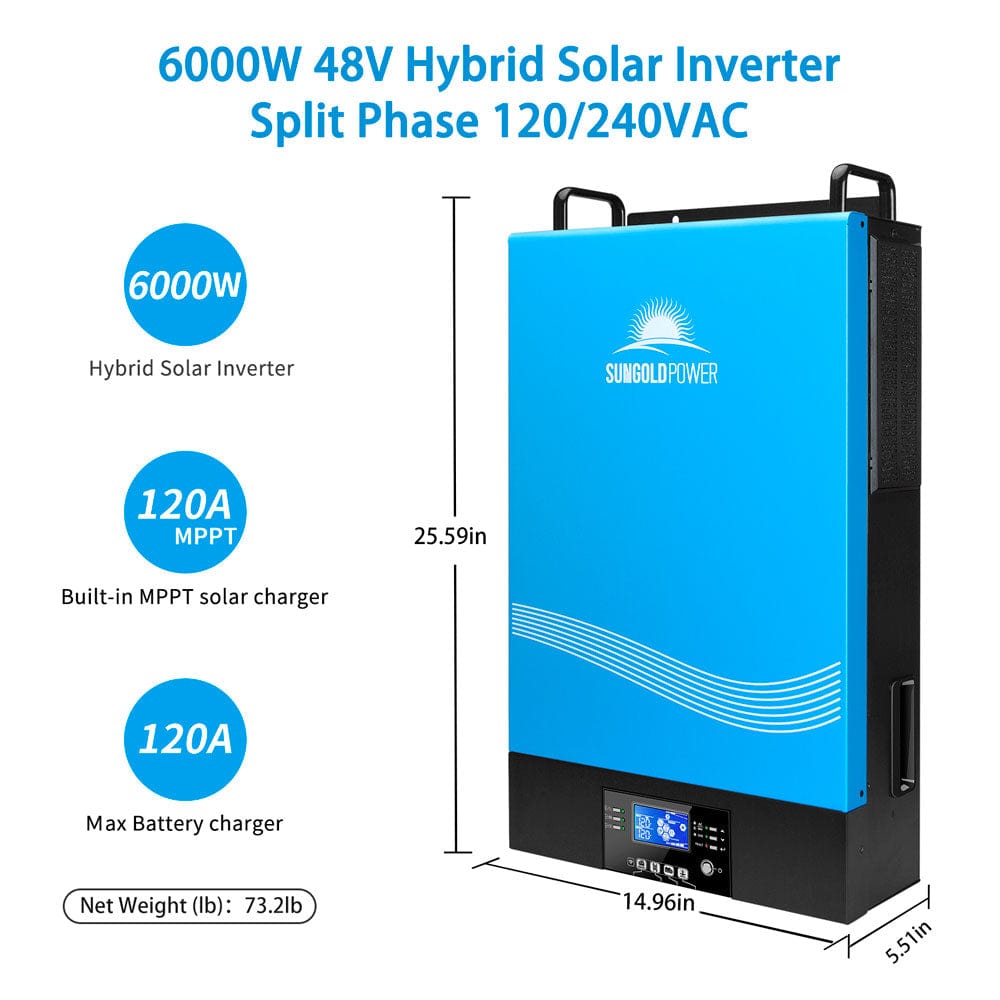 6000W 48V Hybrid Solar Inverter Split Phase 120/240VAC (Grid Feedback & Batteryless) SUNGOLDPOWER Solar Charger Inverter