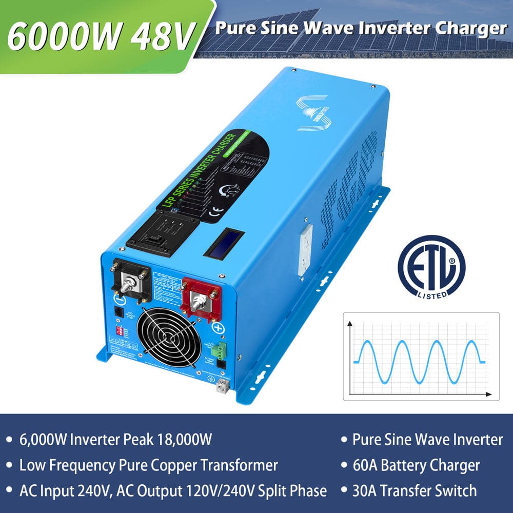 6000W DC 48V Split Phase Pure Sine Wave Inverter With Charger UL1741 Standard SunGoldPower Pure Sine Inverter With Charger