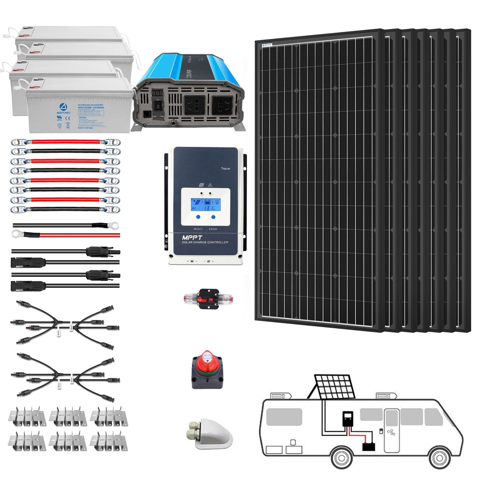 600W Mono Black RV Solar System AcoPower Solar Battery System