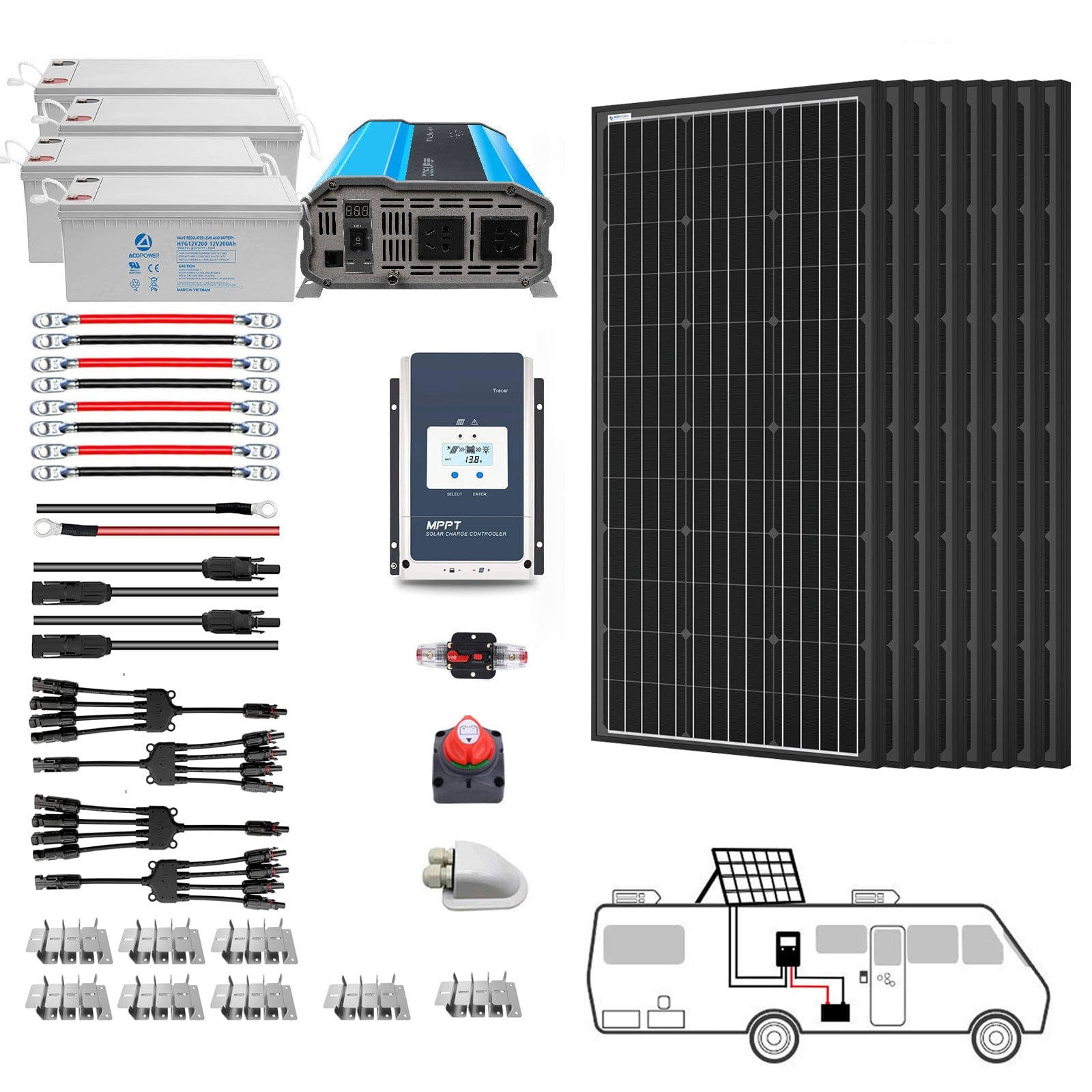 800W Mono Black RV Solar System AcoPower Solar Battery System