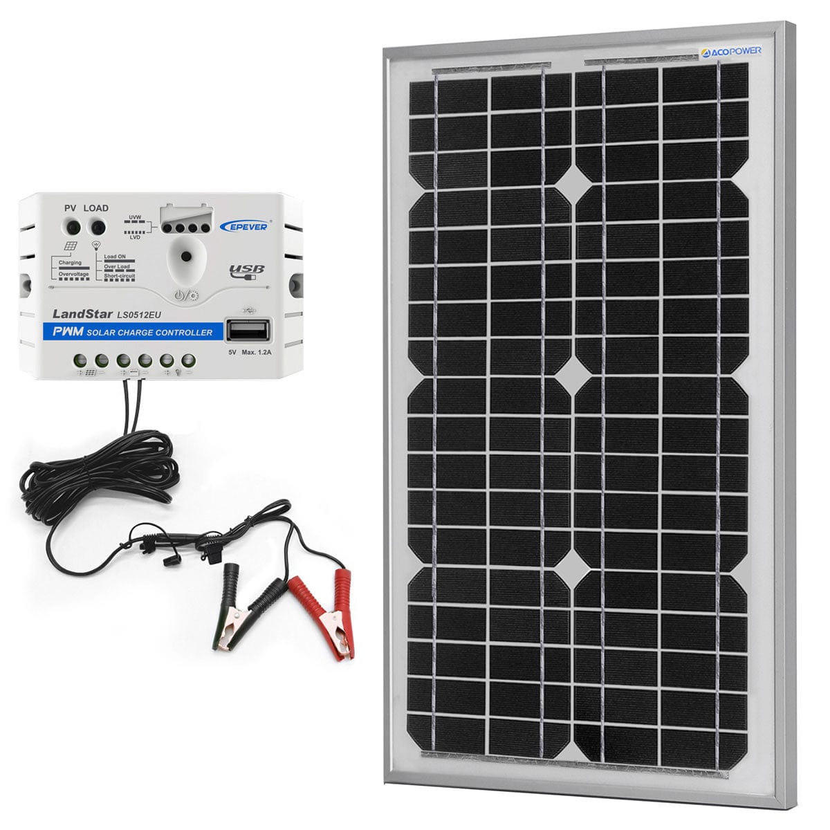 ACOPower 30W 12V Solar Charger Kit, 5A Charge Controller with Alligator Clips AcoPower Solar Panels