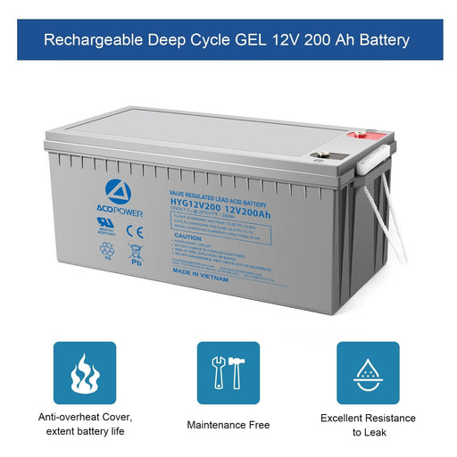 ACOPOWER HYG12-200Ah Rechargeable Gel Deep Cycle 12V 200Ah Battery AcoPower Batteries