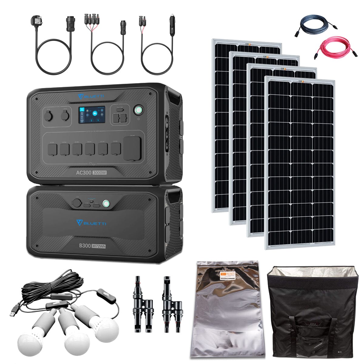 Bluetti AC300 3000W/3072Wh Solar Generator Kit | 4 x 200 Watt 12V Rigid Mono Solar Panels | 1 x B300 3072Wh | Complete Solar Kit Bluetti AC300 Kits AC300