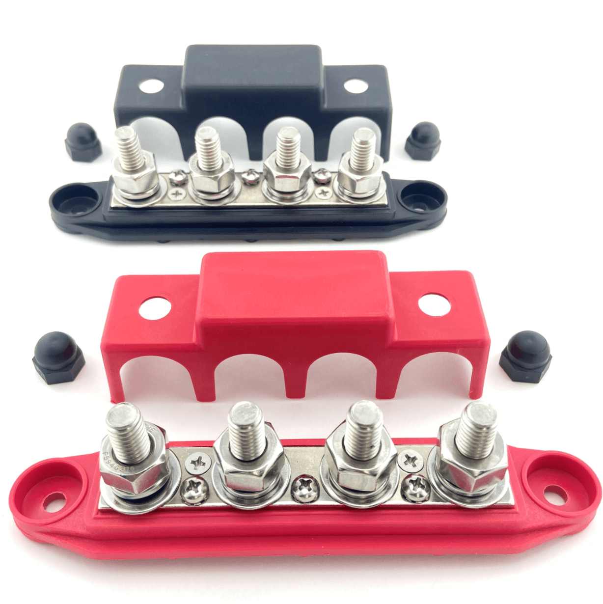 Busbar 250A with Cover - 4 Post - Choose Stud Size BatteryCableUSA Red & Black (Set) / 5/16 Studs