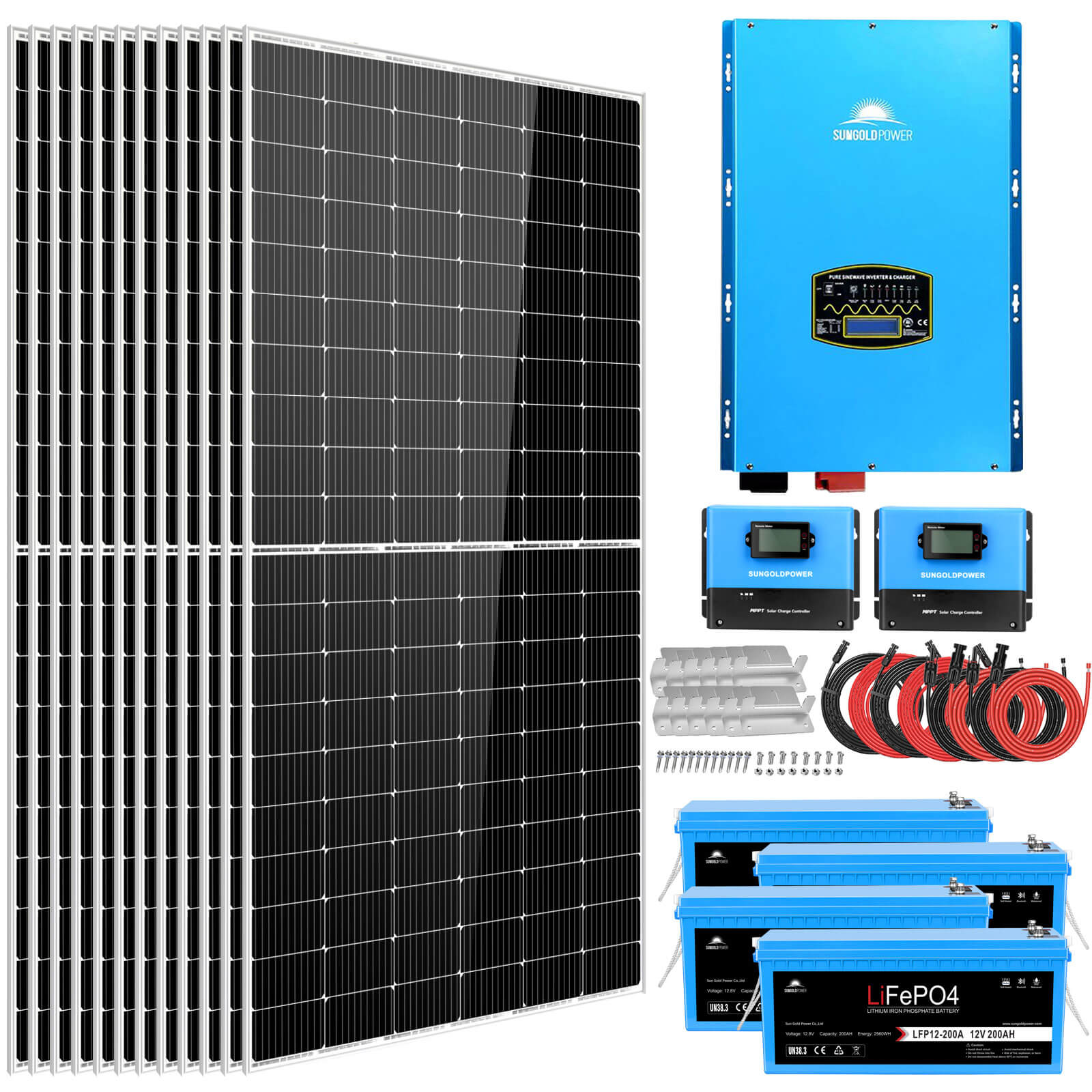 Complete off Grid Solar Kit 12000W 48V 120V/240V output 10.24KWH Lithium Battery 5400 Watt Solar Panel SGK-12MAX SunGoldPower Off Grid Solar Kit
