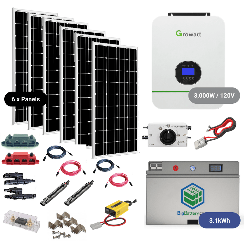 Complete Off-Grid Solar Kit - 3,000W / 120V Output / 48V [3.1kWh Lithium Battery Bank] + 6 x 200W Solar Panels | Off-Grid, Mobile, Backup [HBK-MAX] HBK Growatt 3000