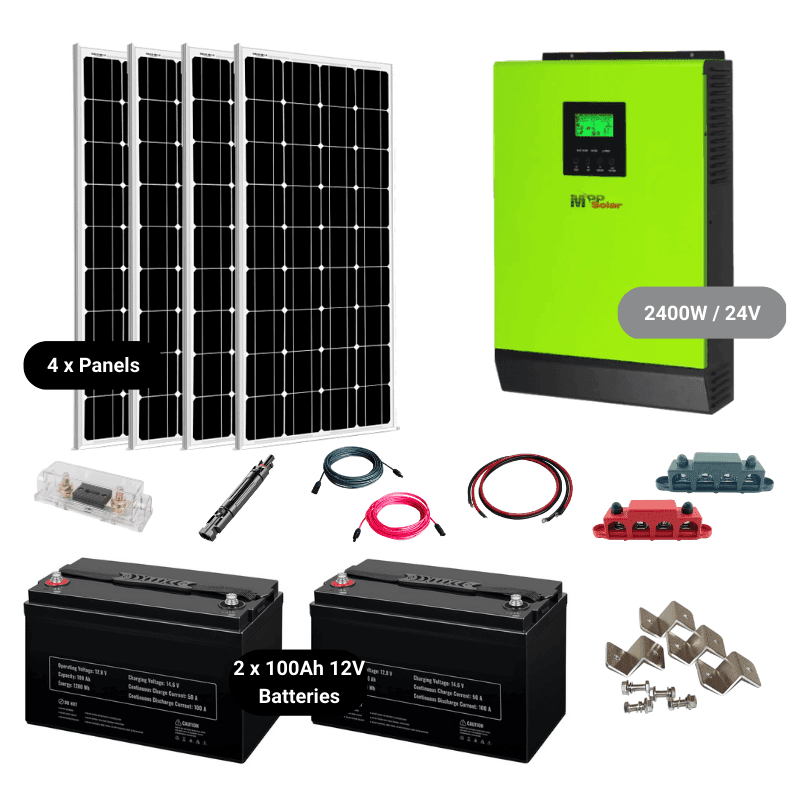 Complete Off-Grid Solar Kit - MPP LV2424 2,400W / 120V/24VDC [2.56kWh - 5.12kWh Battery Bank] + 800 Watts Solar | Off-Grid, Mobile, Backup [HBK-PLUS] HBK 2 x 100AH LiFePO4 - 2.56KWH / LV2424-Green