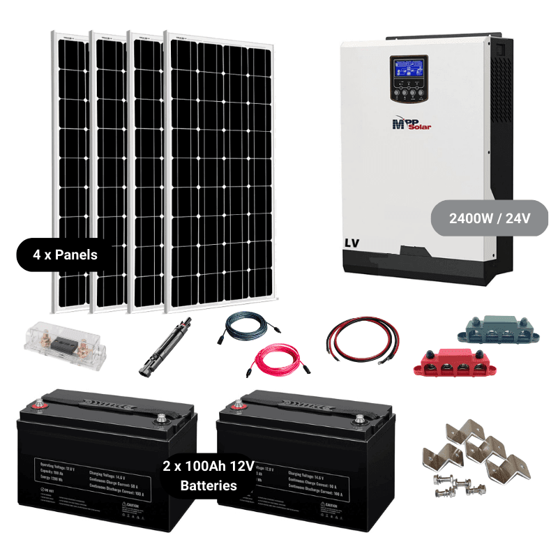 Complete Off-Grid Solar Kit - MPP LV2424 2,400W / 120V/24VDC [2.56kWh - 5.12kWh Battery Bank] + 800 Watts Solar | Off-Grid, Mobile, Backup [HBK-PLUS] HBK 2 x 100AH LiFePO4 - 2.56KWH / LV2424-White