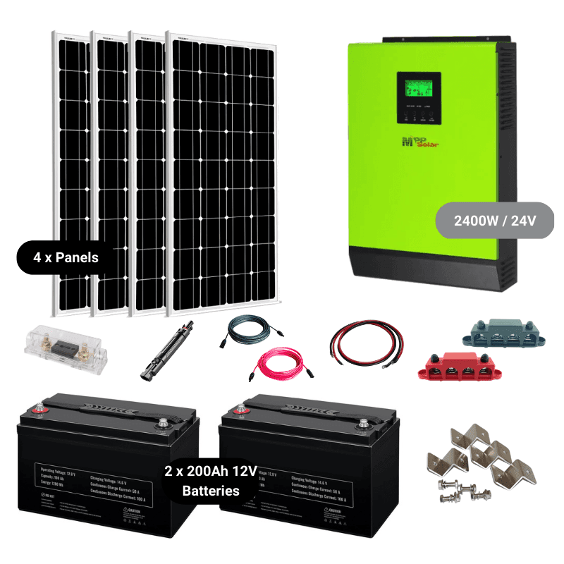 Complete Off-Grid Solar Kit - MPP LV2424 2,400W / 120V/24VDC [2.56kWh - 5.12kWh Battery Bank] + 800 Watts Solar | Off-Grid, Mobile, Backup [HBK-PLUS] HBK 2 x 200AH LIFEPO4 - 5.12kwH / LV2424-Green