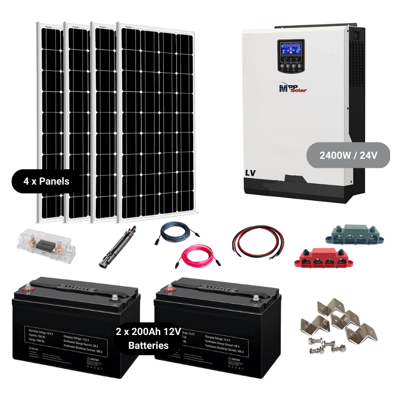 Complete Off-Grid Solar Kit - MPP LV2424 2,400W / 120V/24VDC [2.56kWh - 5.12kWh Battery Bank] + 800 Watts Solar | Off-Grid, Mobile, Backup [HBK-PLUS] HBK 2 x 200AH LIFEPO4 - 5.12kwH / LV2424-White