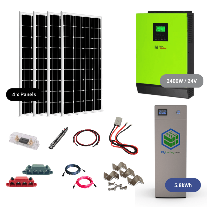 Complete Off-Grid Solar Kit - MPP LV2424 2,400W / 120V/24VDC [2.56kWh - 5.12kWh Battery Bank] + 800 Watts Solar | Off-Grid, Mobile, Backup [HBK-PLUS] HBK 24V HAWK MAX 2 Powerwall - 5.8KWH / LV2424-Green