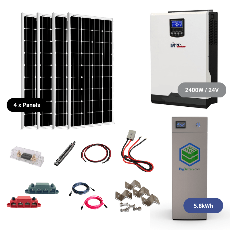 Complete Off-Grid Solar Kit - MPP LV2424 2,400W / 120V/24VDC [2.56kWh - 5.12kWh Battery Bank] + 800 Watts Solar | Off-Grid, Mobile, Backup [HBK-PLUS] HBK 24V HAWK MAX 2 Powerwall - 5.8KWH / LV2424-White