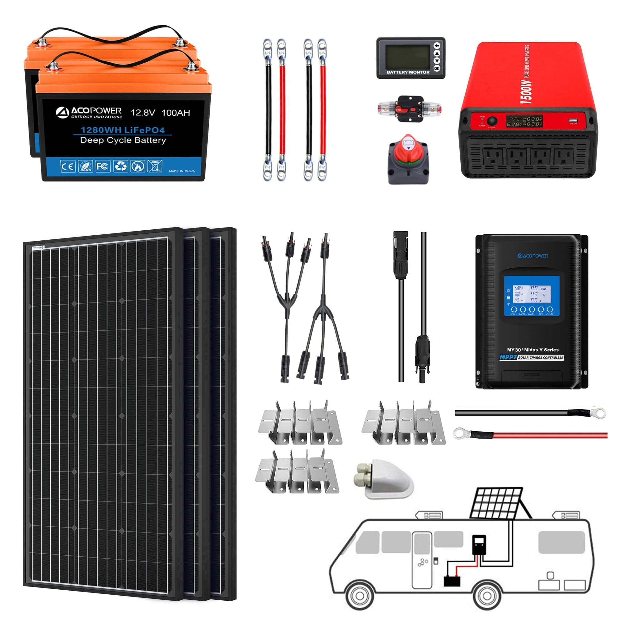 Lithium Battery Mono Solar Power Complete System with Battery and Inverter for RV Boat 12V Off Grid Kit AcoPower Solar Battery System