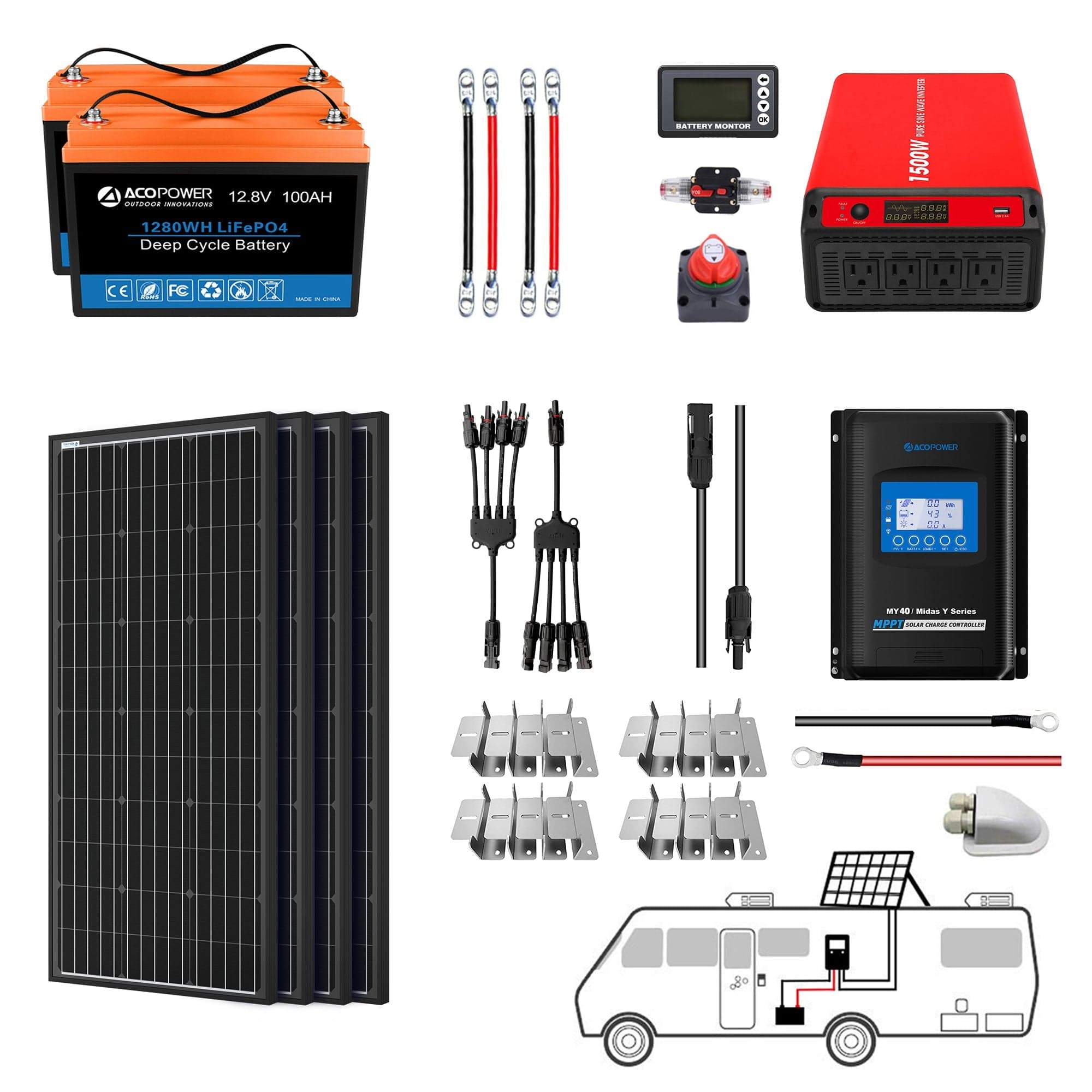 Lithium Battery Mono Solar Power Complete System with Battery and Inverter for RV Boat 12V Off Grid Kit AcoPower Solar Battery System