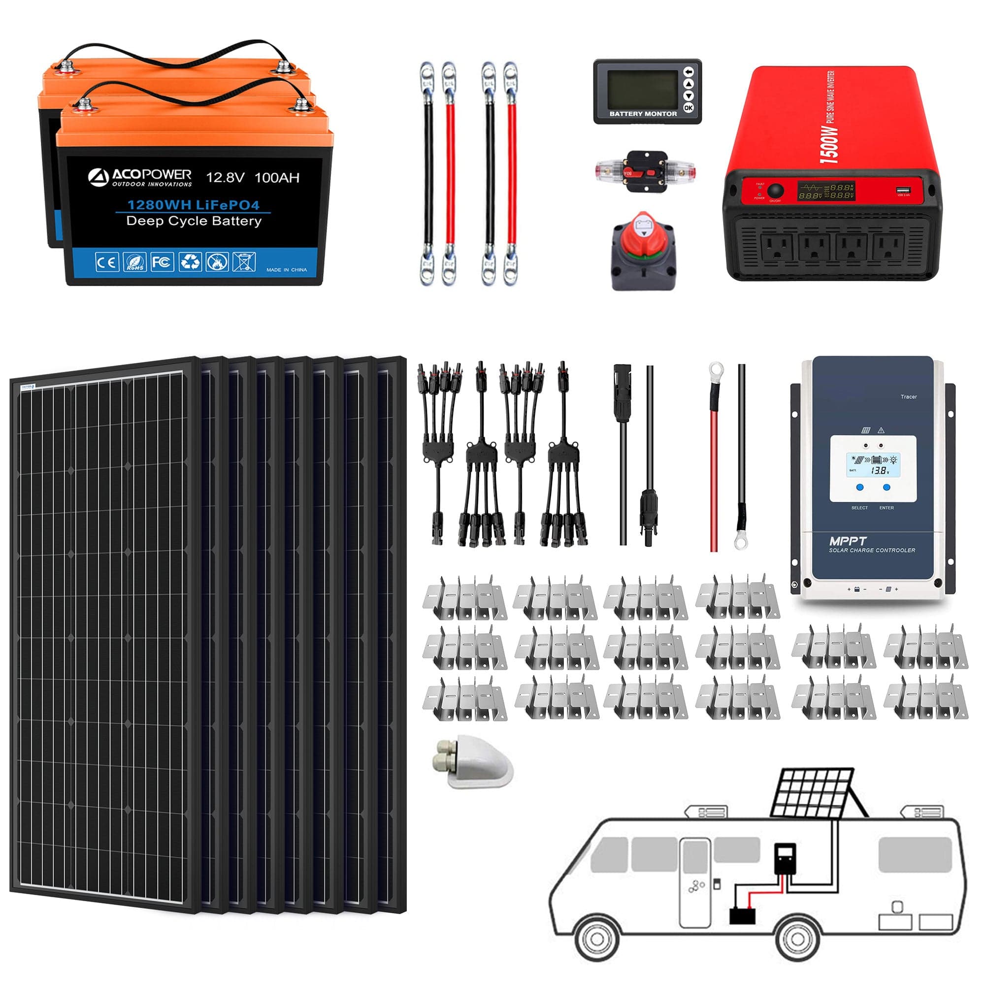 Lithium Battery Mono Solar Power Complete System with Battery and Inverter for RV Boat 12V Off Grid Kit AcoPower Solar Battery System