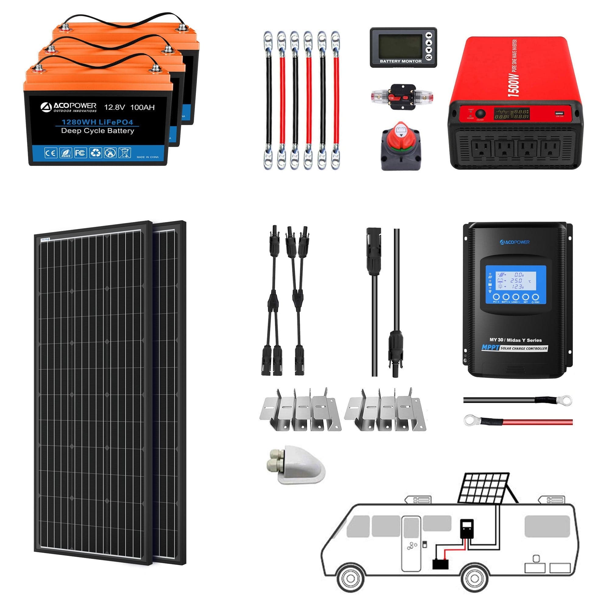 Lithium Battery Mono Solar Power Complete System with Battery and Inverter for RV Boat 12V Off Grid Kit AcoPower Solar Battery System