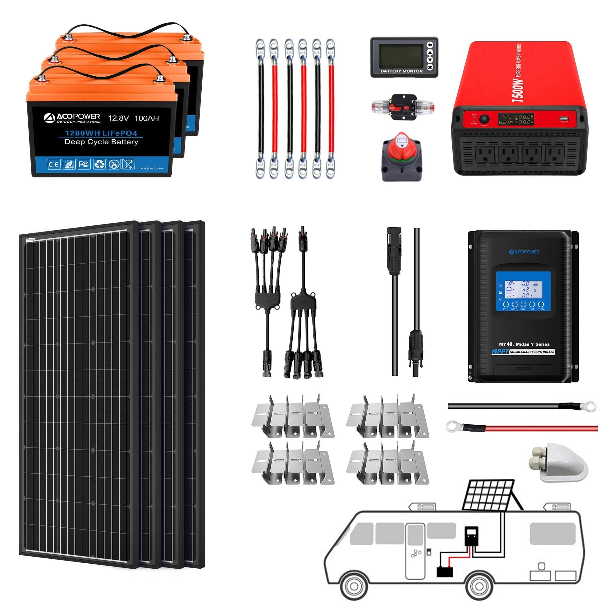 Lithium Battery Mono Solar Power Complete System with Battery and Inverter for RV Boat 12V Off Grid Kit AcoPower Solar Battery System