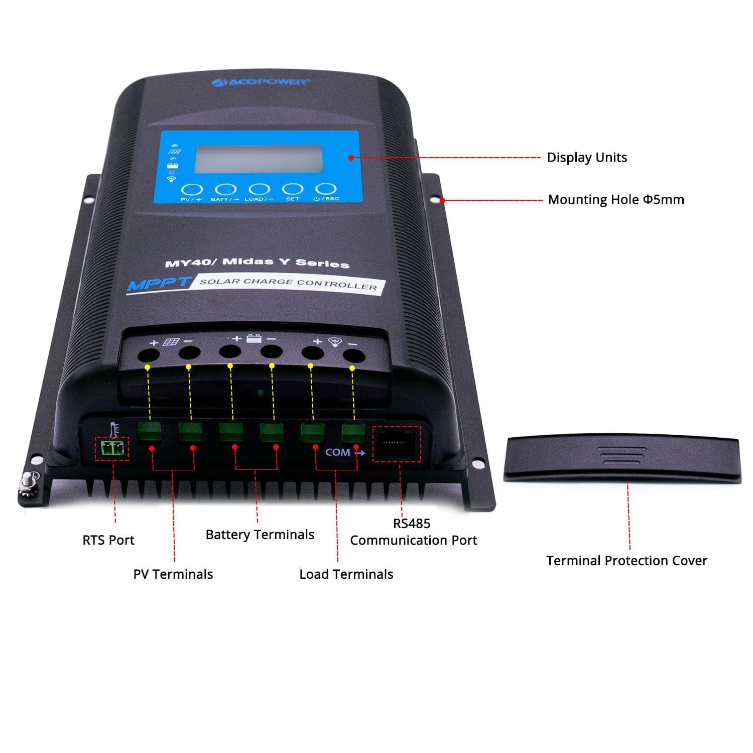 Midas 40A MPPT Negative Ground Solar Panel Charge Controller LCD Display AcoPower Controllers