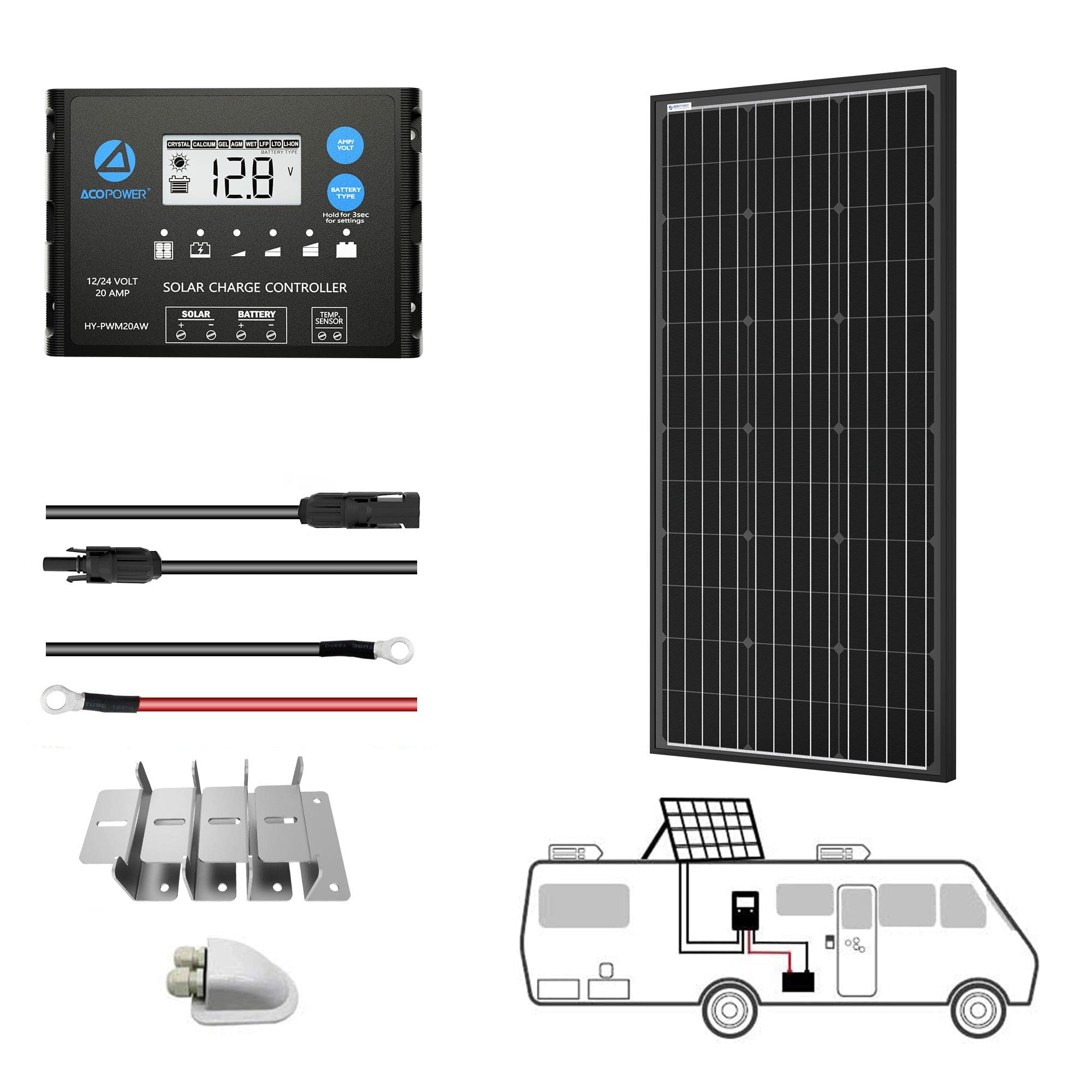 Mono Solar RV Kits + MPPT / PWM Charge Controller AcoPower Roof Solar Kits