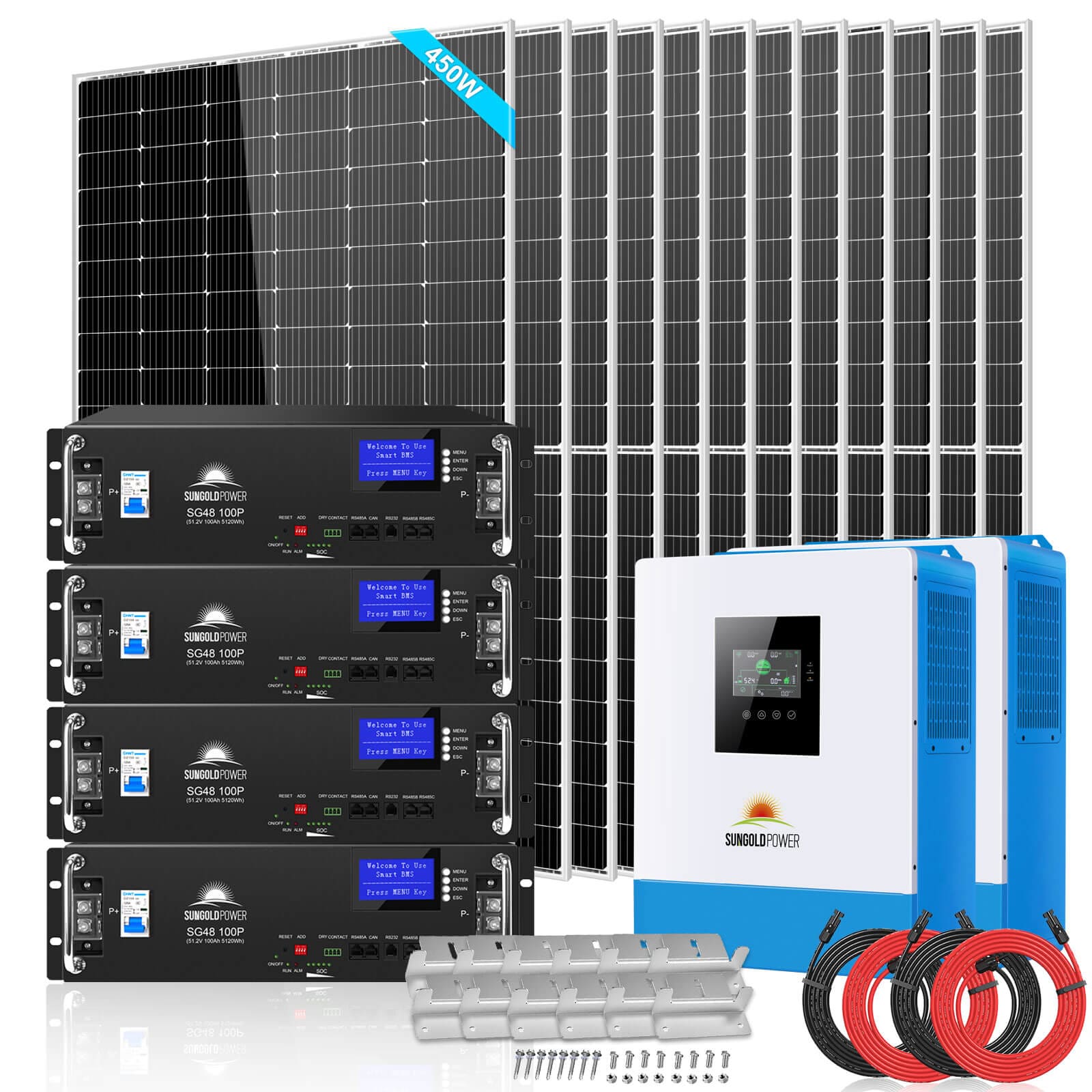 Off Grid Solar Kit 10000W 48VDC 120V/240V LifePO4 20.48KWH Lithium Battery 12 X 450 Watts Solar Panels SGR-10K2M SunGoldPower Server Rack Solar Kits