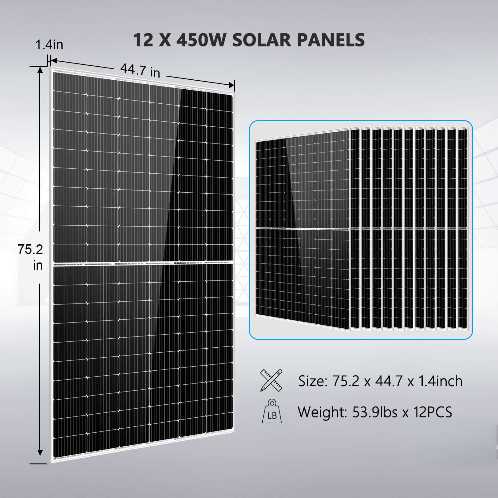 Off Grid Solar Kit 10000W 48VDC 120V/240V LifePO4 20.48KWH Lithium Battery 12 X 450 Watts Solar Panels SGR-10K2M SunGoldPower Server Rack Solar Kits