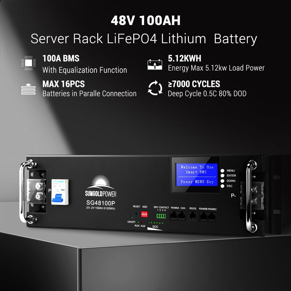 Off-Grid Solar Kit 15000W 48VDC 120V/240V LifePo4 20.48KWH Lithium Battery 18 X 415 Watts Solar Panels SGR-15K20E SunGoldPower Server Rack Solar Kits