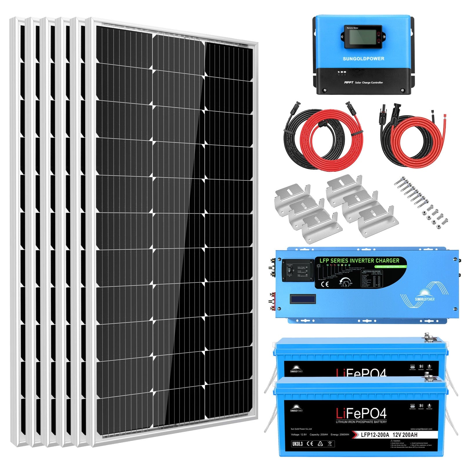 Off Grid Solar Kit 3000W Inverter 12VDC 120V Output LifePO4 Battery 600 watt Solar Back Up SGK-PRO3 SunGoldPower 2 X 200AH Lithuim Battery Off Grid Solar Kit