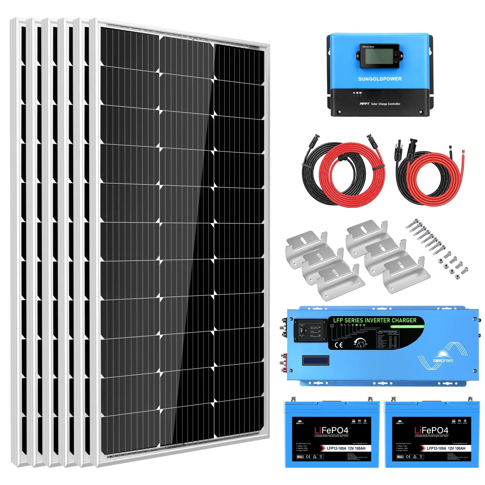 Off Grid Solar Kit 3000W Inverter 12VDC 120V Output LifePO4 Battery 600 watt Solar Back Up SGK-PRO3 SunGoldPower 2X 100AH Lithuim Battery Off Grid Solar Kit
