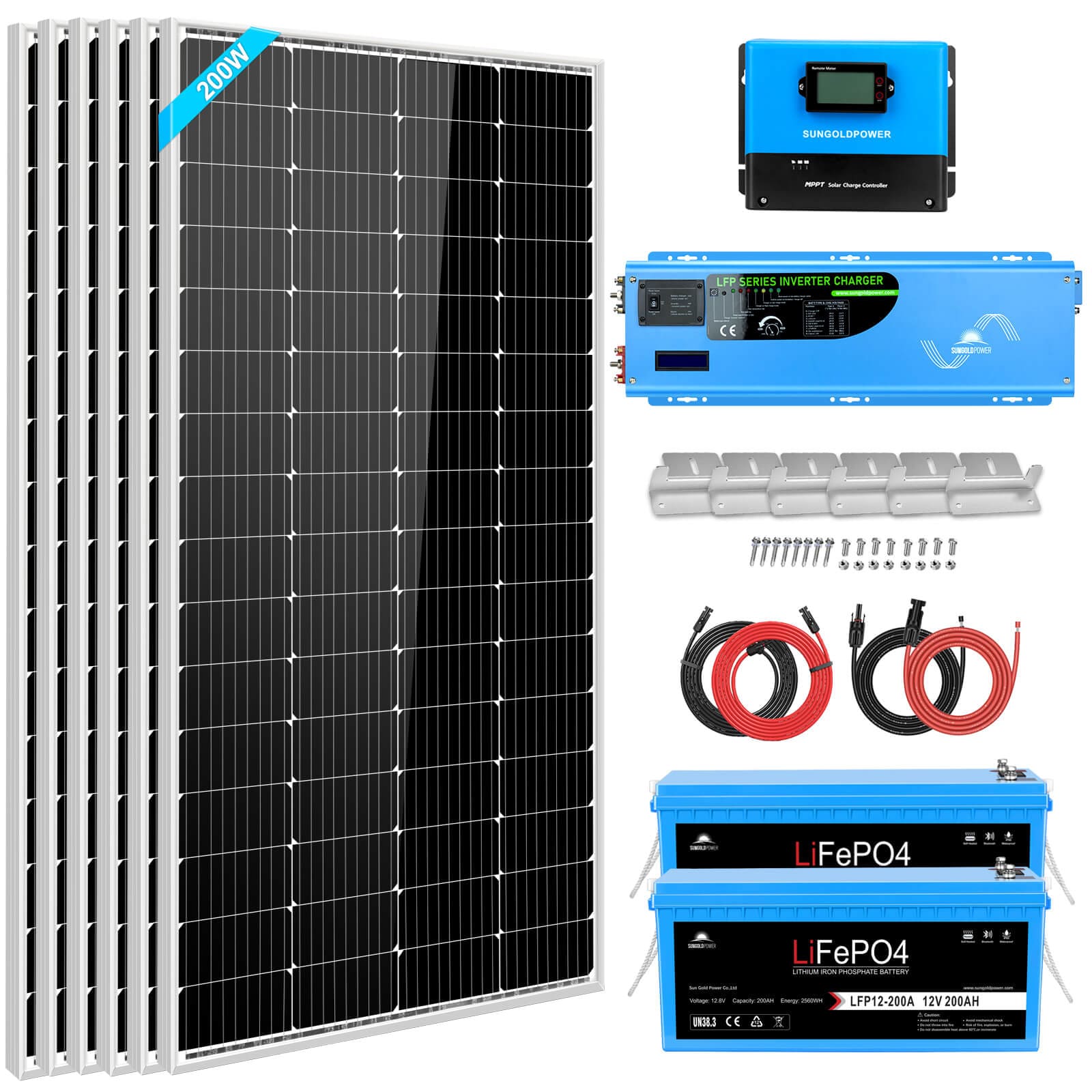 Off Grid Solar Kit 4000W Inverter 12VDC 120V/240V LiFePO4 Battery 1200 Watt Solar Back Up SGK-PR4S SunGoldPower Off Grid Solar Kit
