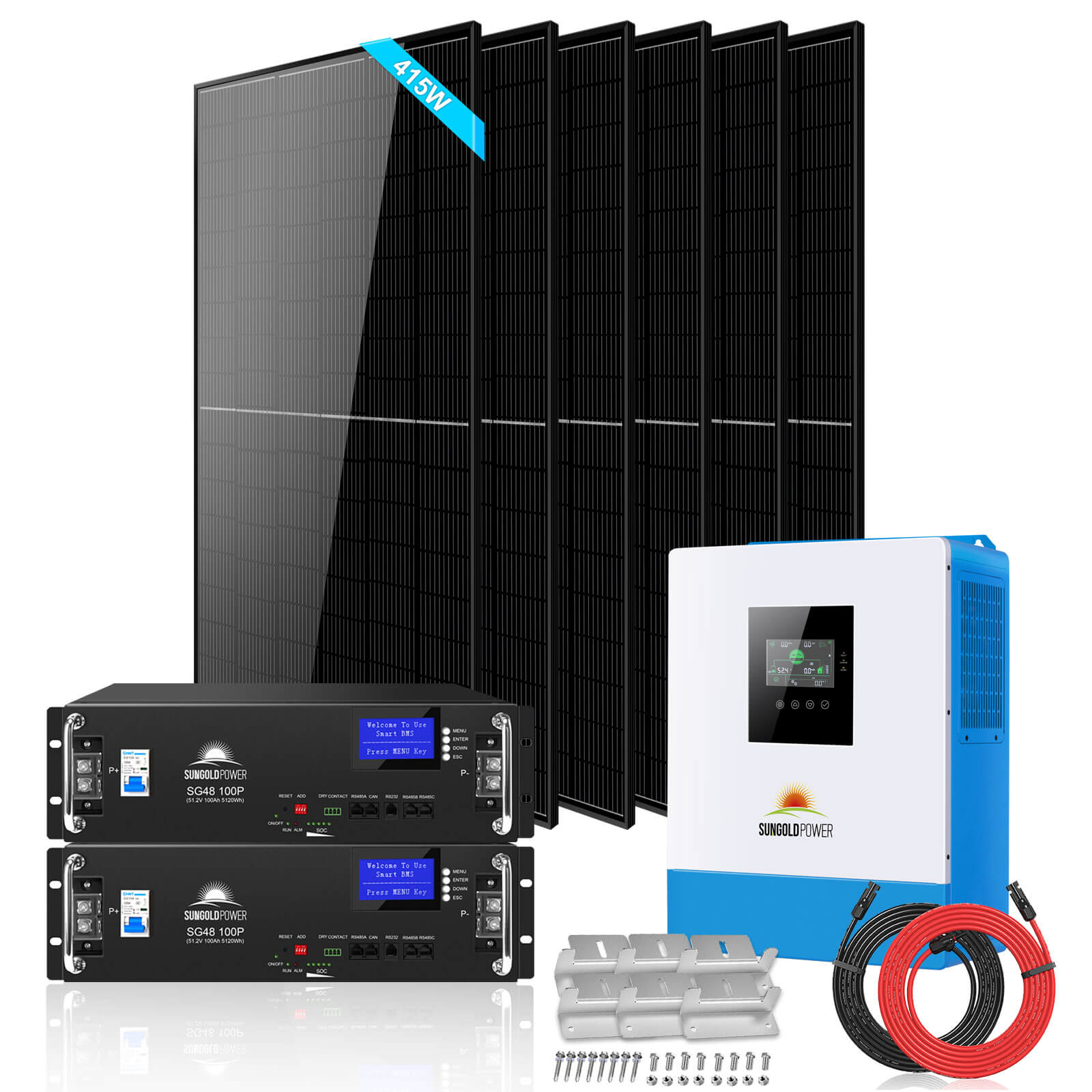 Off-Grid Solar Kit 5000W 48VDC 120V LifePo4 10.24KWH Lithium Battery 6 X 415 Watts Solar Panels SGR-5KE SunGoldPower Server Rack Solar Kits