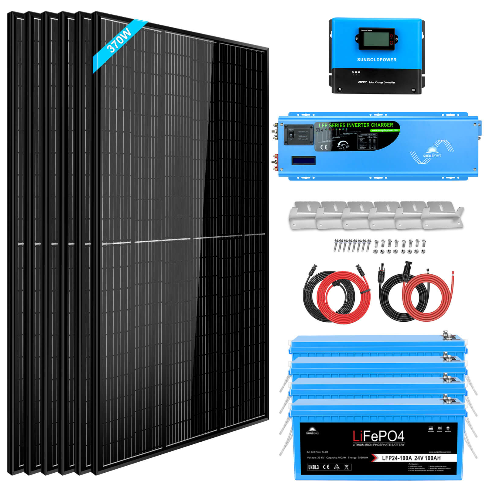 Off Grid Solar Kit 6000W 24VDC 120V/240V LiFePO4 10.24KWH Lithium Battery 6 X 370 Watt Solar Panels SGK-PRO62 SunGoldPower Off Grid Solar Kit