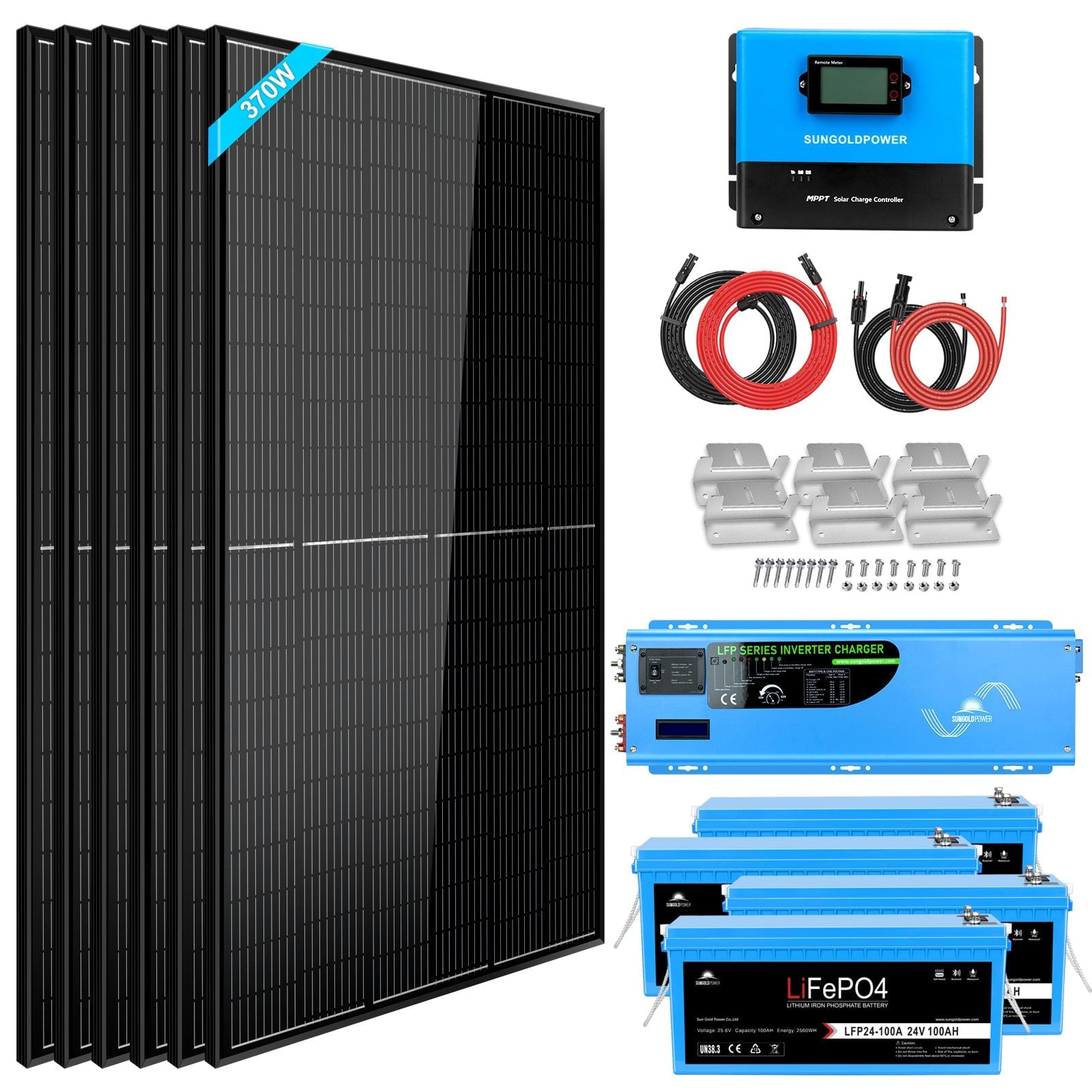 Off Grid Solar Kit 6000W 48VDC 120V/240V LifePO4 10.24KWH Lithium Battery 6 X 370 Watt Solar Panels SGK-PRO64 SunGoldPower Off Grid Solar Kit