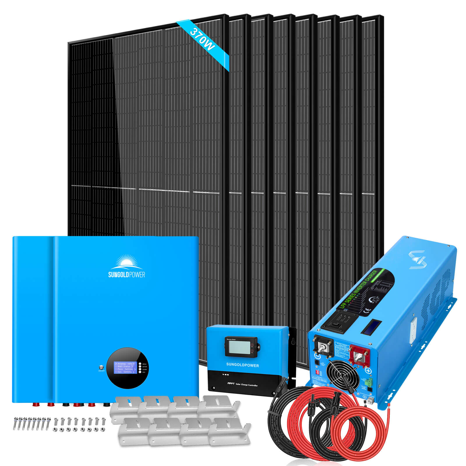 Off-Grid Solar Kit 6000W 48VDC 120V/240V LifePo4 10.48KWH Server Rack Lithium Battery 8 X 370 Watts Solar Panels SGR-6KL48S SunGoldPower Wall-Mounted Solar Kit